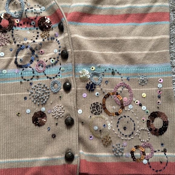 Moth Beaded Striped Cardigan Tan Button Front XS - Picture 3 of 7